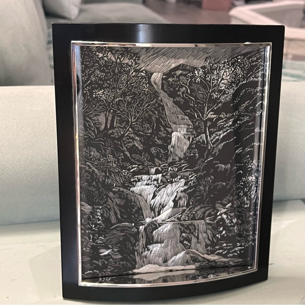 Vintage Landscape Waterfall Etching Framed 9x11 EUC Etched Art Picture